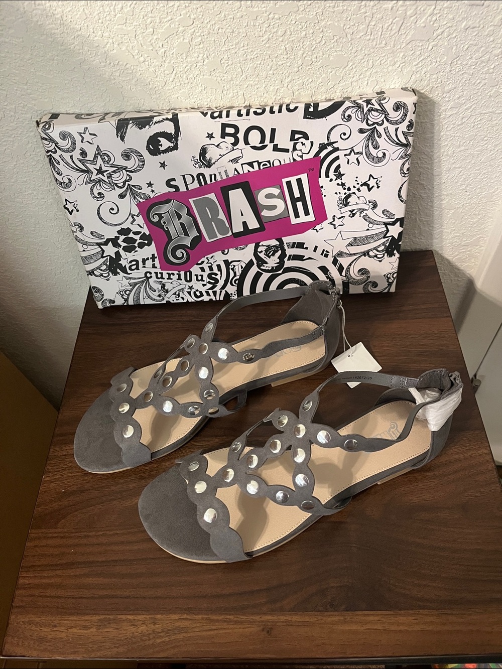 NWT Brash Gray Suede Stud Embellished T-Strap Sandals